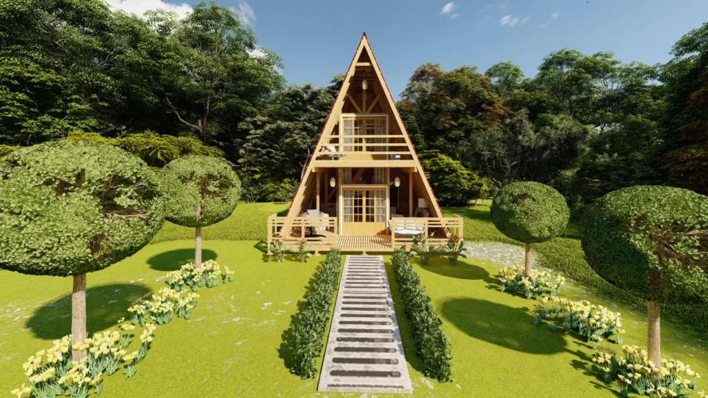 Chalé de madeira com deck no meio de campo verde