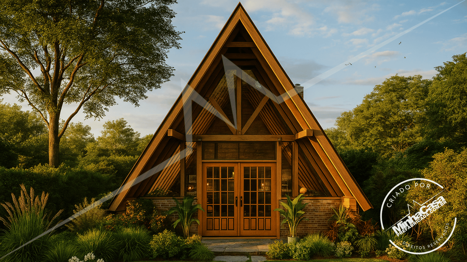 Pousada POP 2.2 de 70,02m² — Fachada principal ultra-realista com paisagismo Pousada POP 2.2 de 70,02m² pré-fabricado em madeira pinus autoclave — fachada principal ultrarrealista com paisagismo