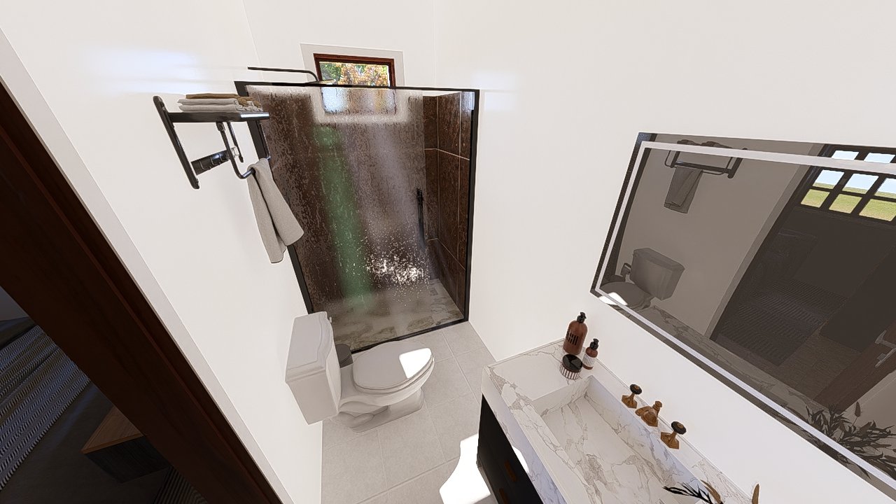 Pousada POP 2.2 de 70,02m² — Banheiro em foco Pousada POP 2.2 de 70,02m² pré-fabricado em madeira pinus autoclave — banheiro em foco