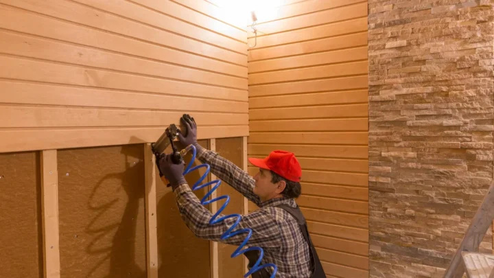 Trabalhador de construção civil realiza o acabamento de revestimento para casa de madeira