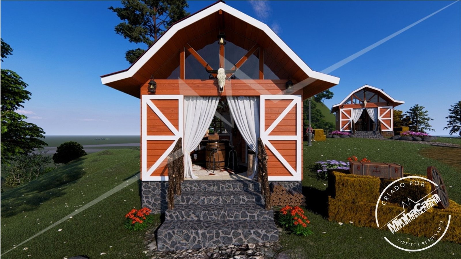 Pousada Celeiro 20 m² – Fachada Principal (3D) Fachada principal da Pousada Celeiro 20 m² em pinus autoclave (3D)