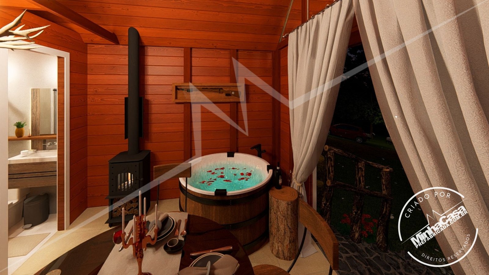 Pousada Celeiro 20 m² – Interior Noturno (Porta e Lateral) Interior à noite com porta e lateral da Pousada Celeiro 20 m² (3D)