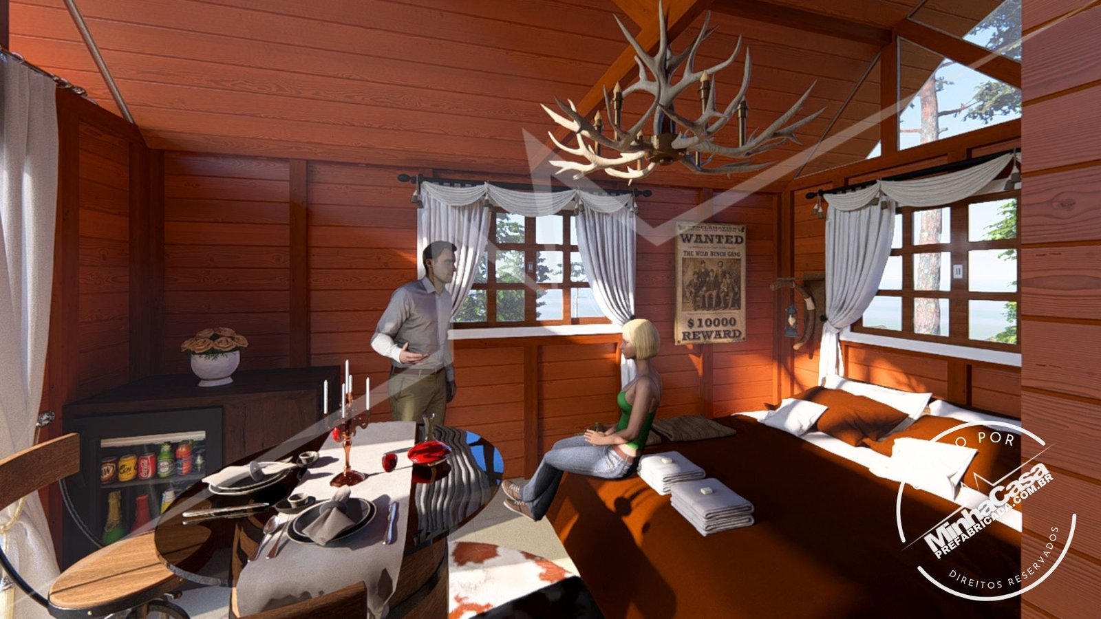 Pousada Celeiro 20 m² – Visão Geral com Foco no Quarto (3D) Casa completa com foco no quarto da Pousada Celeiro 20 m² (3D)