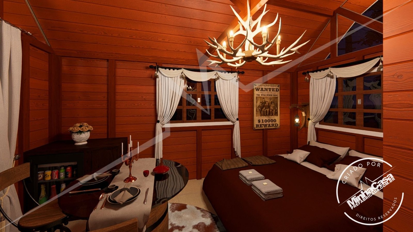 Pousada Celeiro 20 m² – Geral com Foco no Quarto à Noite Casa completa com foco no quarto à noite (3D)