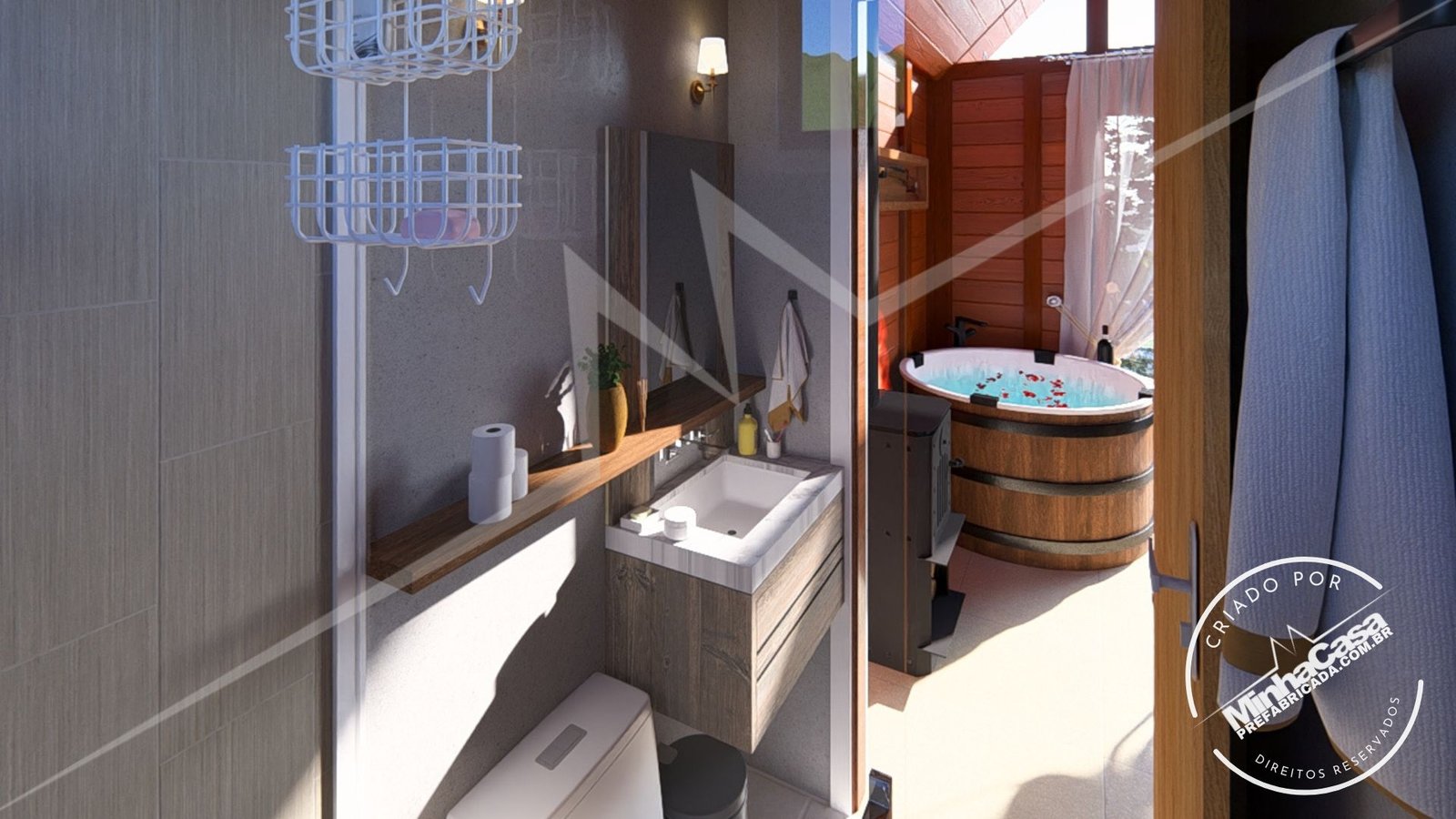 Pousada Celeiro 20 m² – Banheiro (Vista para a Porta) Banheiro da Pousada Celeiro 20 m² com vista para a porta (3D)