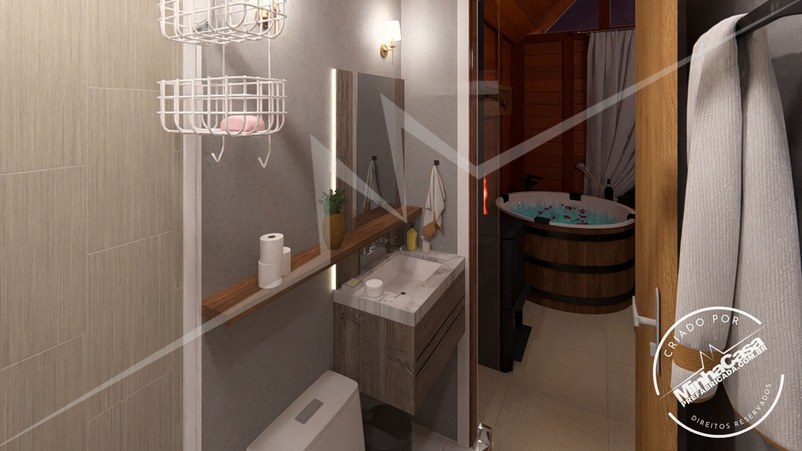 Pousada Celeiro 20 m² – Banheiro ao Anoitecer (Vista para a Porta) Banheiro ao anoitecer com vista para a porta (3D)