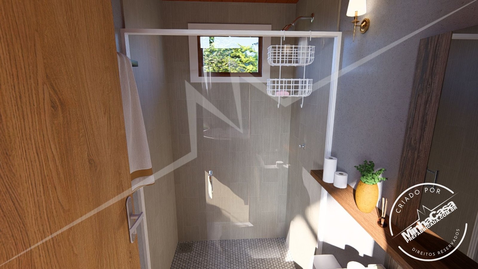 Pousada Celeiro 20 m² – Box do Banheiro (3D) Box do banheiro da Pousada Celeiro 20 m² em detalhe (3D)