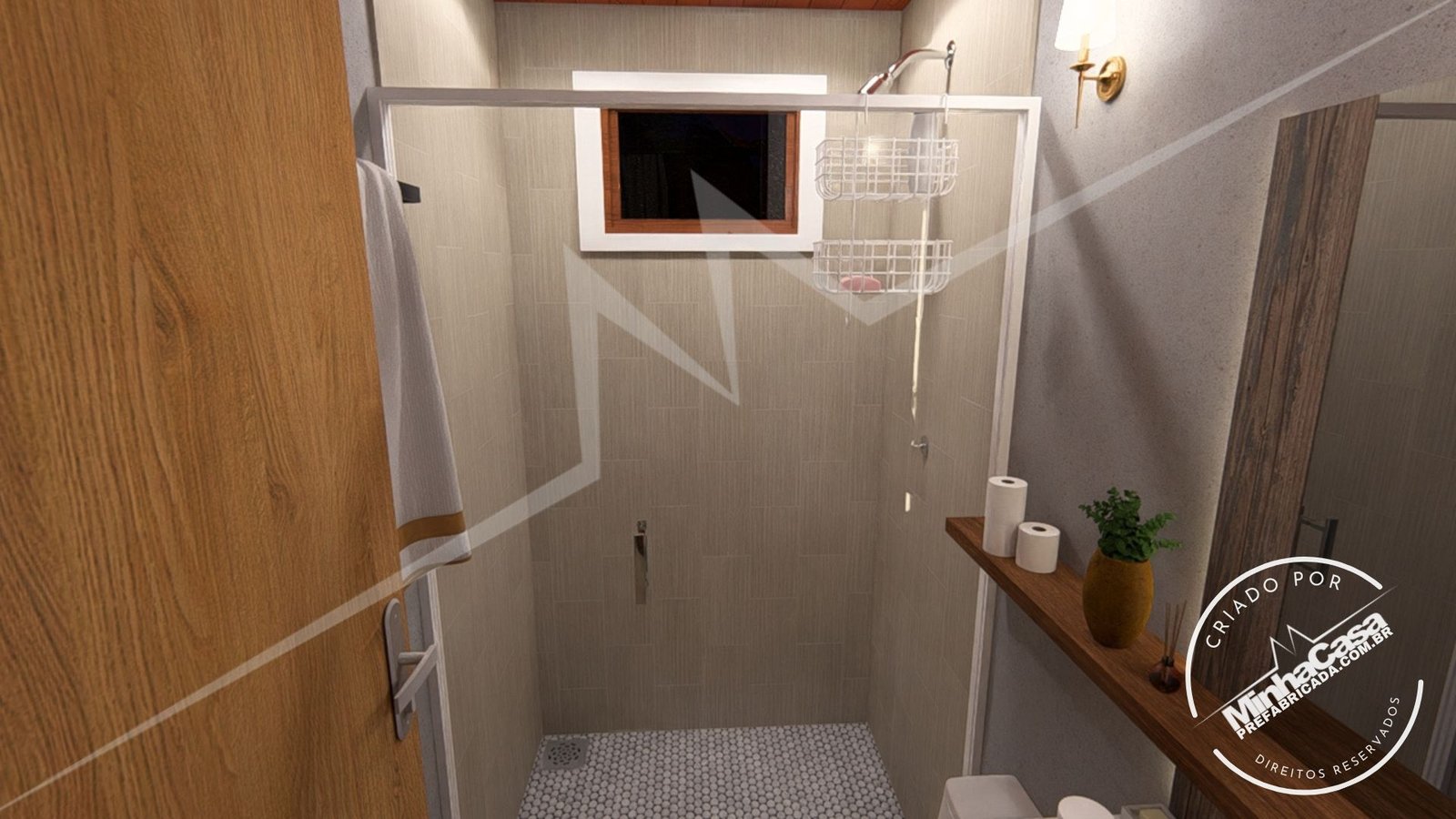 Pousada Celeiro 20 m² – Box ao Anoitecer (3D) Box do banheiro ao anoitecer da Pousada Celeiro 20 m² (3D)