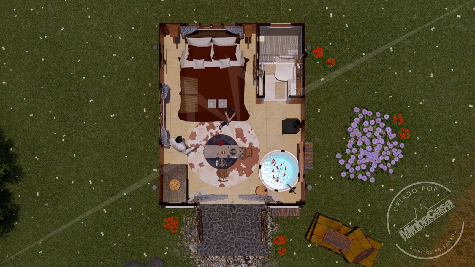 Pousada Celeiro 20 m² – Planta Humanizada ao Entardecer Planta humanizada ao entardecer da Pousada Celeiro 20 m²