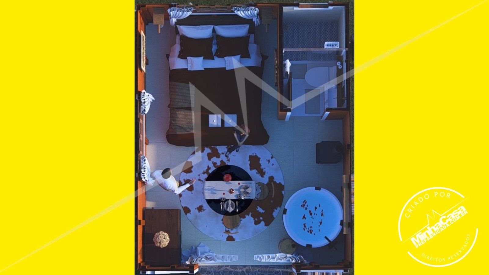 Pousada Celeiro 20 m² – Planta Humanizada (3D) Planta humanizada da Pousada Celeiro 20 m²