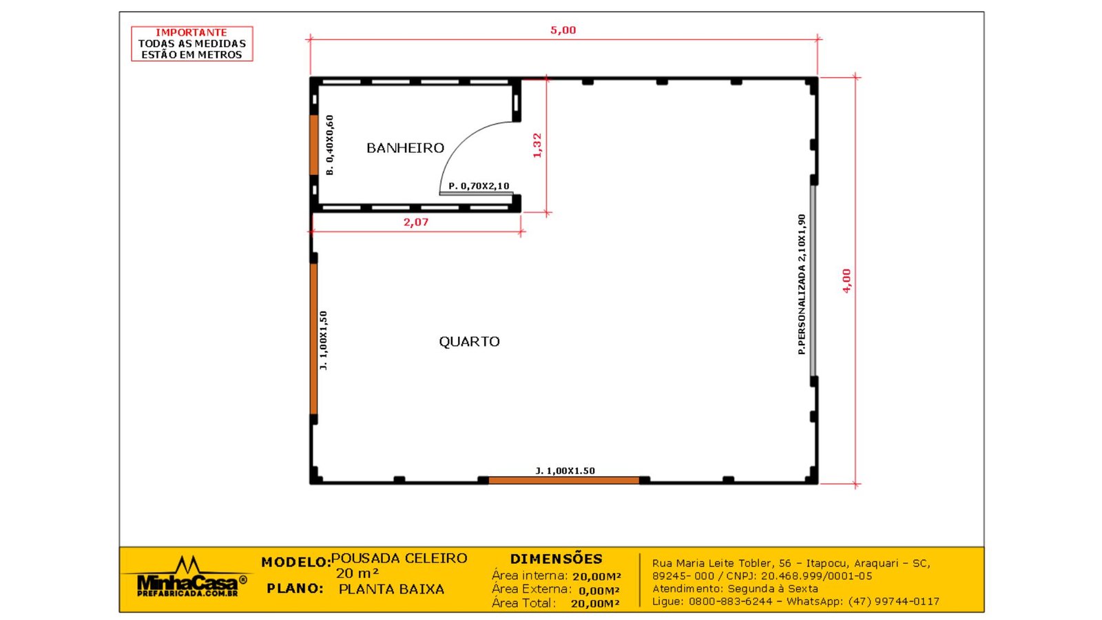 Pousada Celeiro 20 m² – Planta Baixa do Projeto Planta baixa da Pousada Celeiro 20 m²