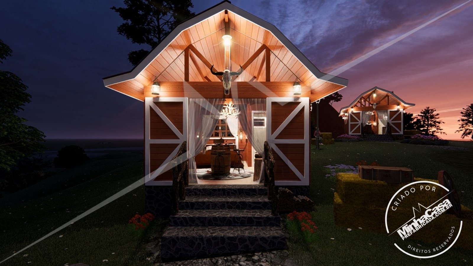 Fachada principal à noite da Pousada Celeiro 20 m² (3D)