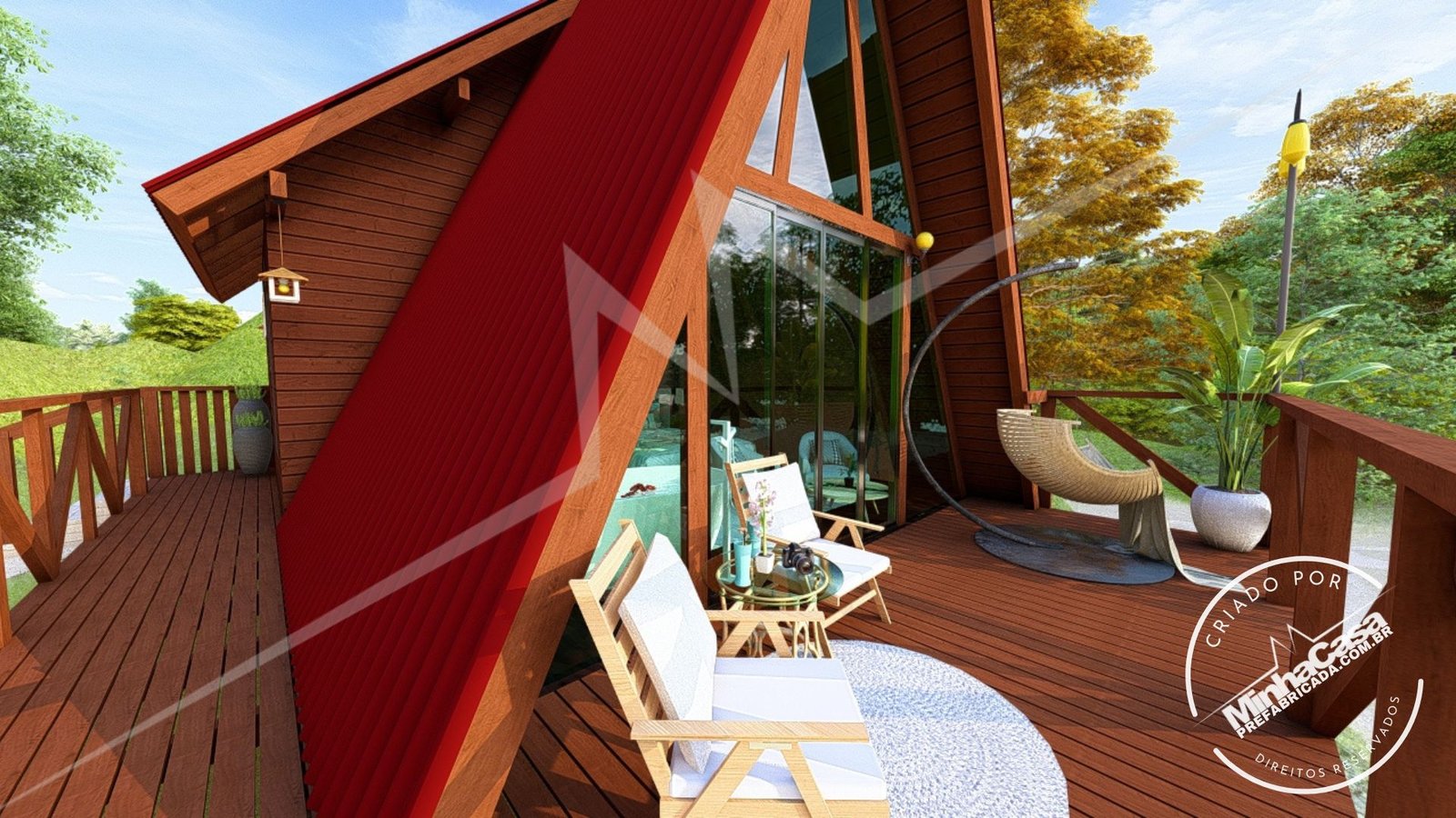 Chalé A-Frame 10 de 46,85m² pré-fabricado em madeira pinus autoclave — fachada principal com deck em visão próxima e lateral direita
