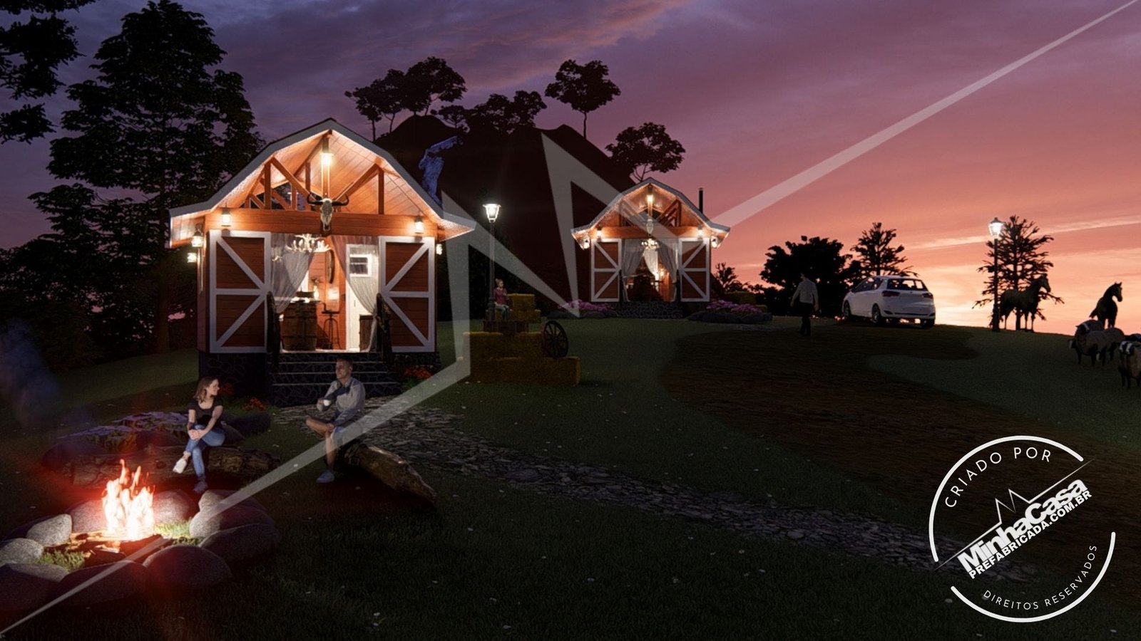 Pousada Celeiro 20 m² – Conjunto de Unidades à Noite Vários kits Pousada Celeiro 20 m² com fachadas frontais à noite (3D)