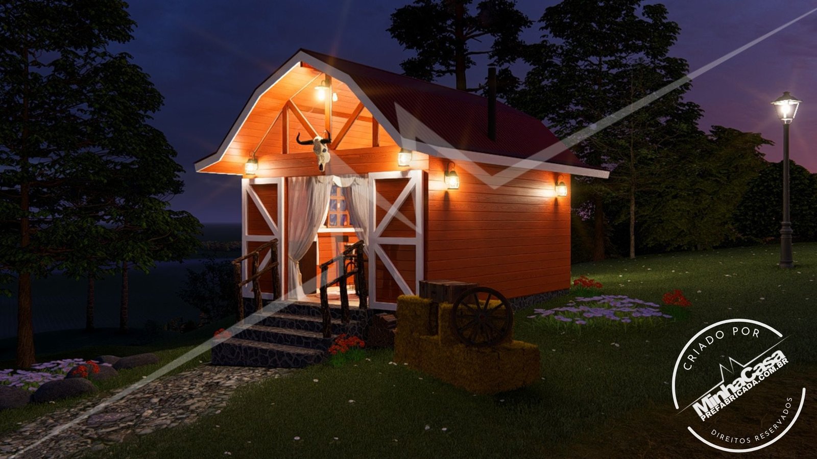 Pousada Celeiro 20 m² – Lateral + Frontal à Noite (3D) Vista lateral e frontal à noite da Pousada Celeiro 20 m² (3D)