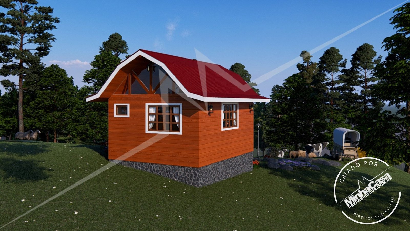 Pousada Celeiro 20 m² – Lateral com Traseira (3D) Vista lateral e traseira da Pousada Celeiro 20 m² (3D)