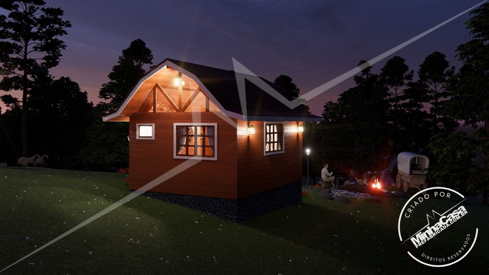 Pousada Celeiro 20 m² – Lateral + Traseira à Noite (3D) Vista lateral e traseira à noite da Pousada Celeiro 20 m² (3D)