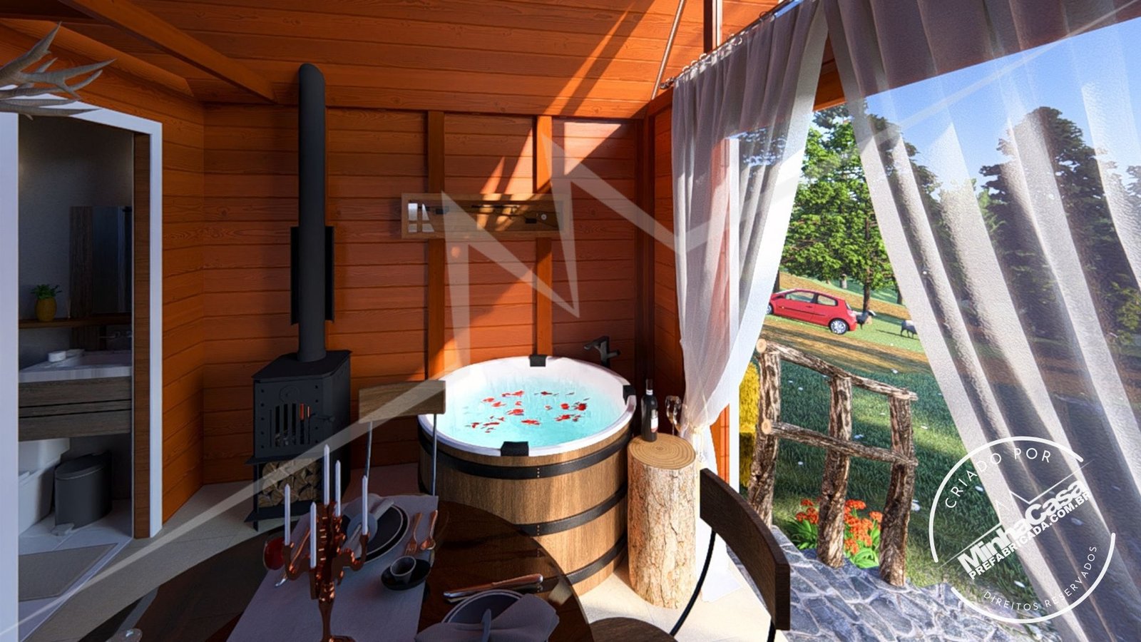 Pousada Celeiro 20 m² – Interior com Porta e Lateral (3D) Interior com vista para a porta e lateral da Pousada Celeiro 20 m² (3D)