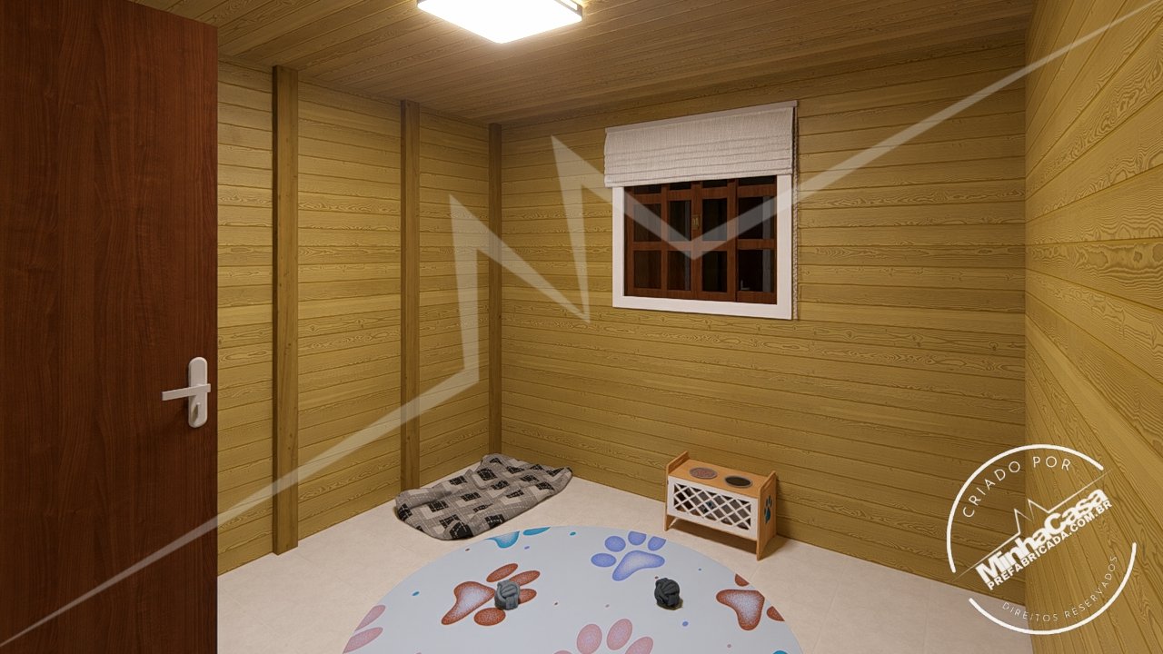 Pousada POP 2.3 de 77,44m² — Cômodo integrado ao quarto em foco de noite Pousada POP 2.3 de 77,44m² pré-fabricada em madeira pinus autoclave — cômodo integrado ao quarto em foco de noite