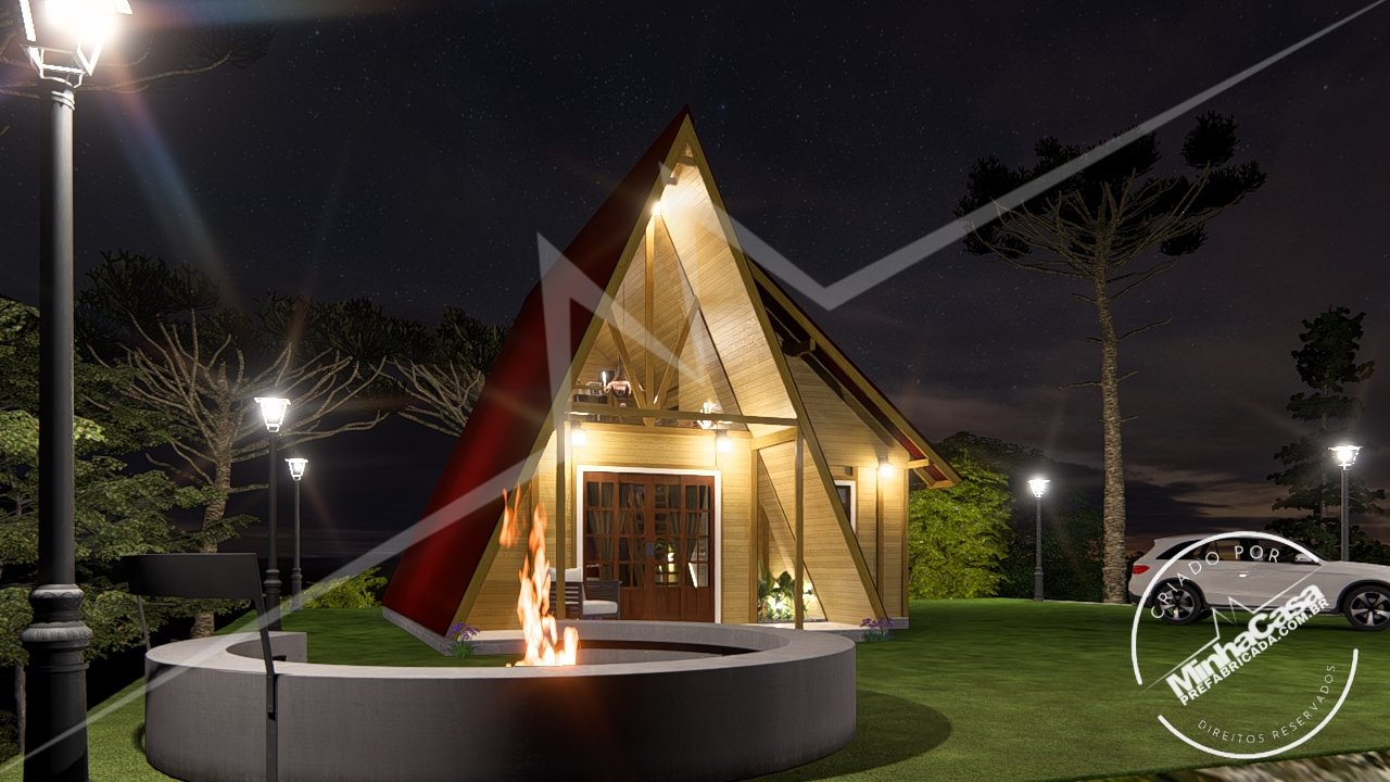 Pousada POP 2.3 de 77,44m² — Fachada principal de noite com lateral direita em visão mais distante Pousada POP 2.3 de 77,44m² pré-fabricada em madeira pinus autoclave — fachada principal de noite com lateral direita em visão mais distante