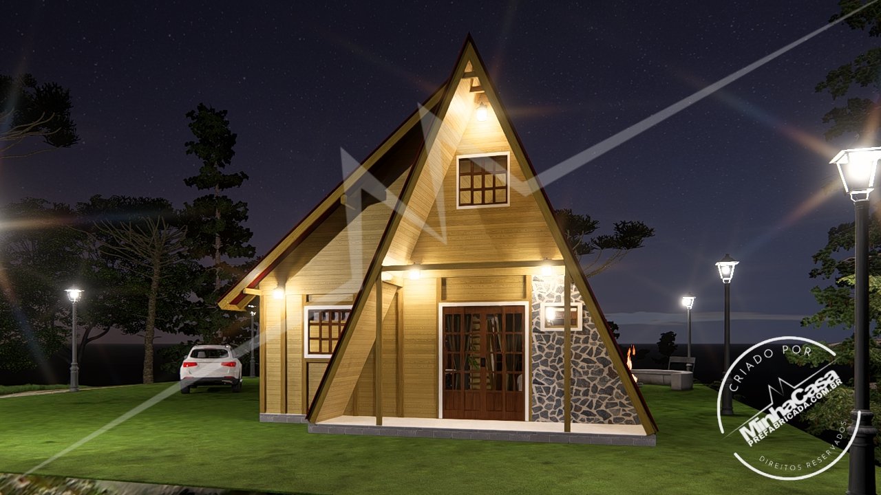 Pousada POP 2.3 de 77,44m² — Fachada posterior de noite Pousada POP 2.3 de 77,44m² pré-fabricada em madeira pinus autoclave — fachada posterior de noite
