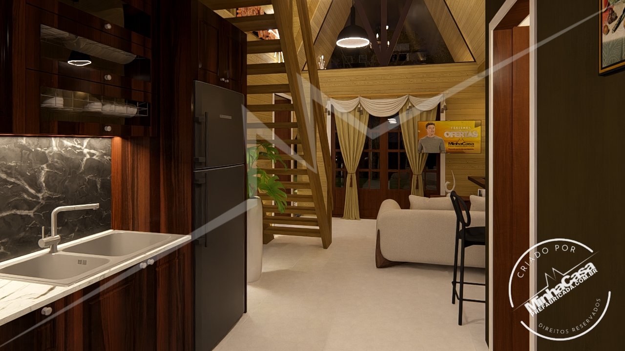 Pousada POP 2.3 de 77,44m² — Cozinha em visão ampla de noite Pousada POP 2.3 de 77,44m² pré-fabricada em madeira pinus autoclave — cozinha em visão ampla de noite