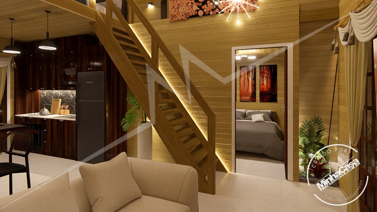 Pousada POP 2.3 de 77,44m² — Interior em visão ampla do kit de noite Pousada POP 2.3 de 77,44m² pré-fabricada em madeira pinus autoclave — interior em visão ampla do kit de noite