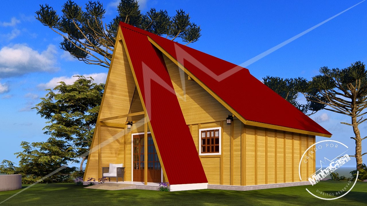 Pousada POP 2.3 de 77,44m² — Fachada principal de dia com lateral esquerda Pousada POP 2.3 de 77,44m² pré-fabricada em madeira pinus autoclave — fachada principal de dia com lateral esquerda