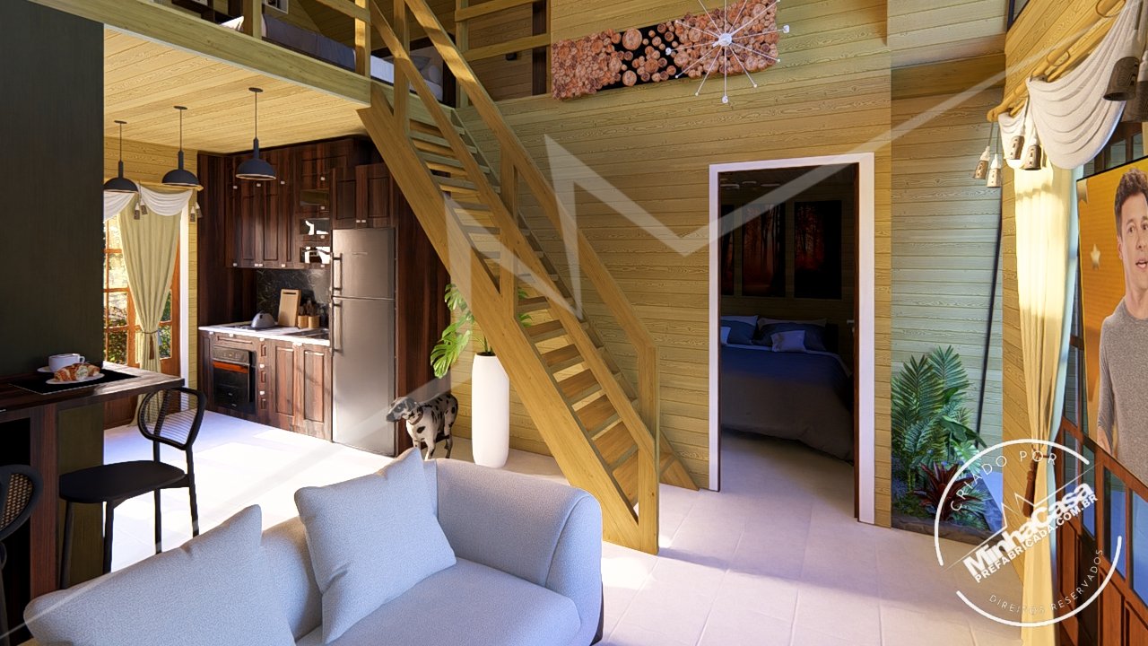 Pousada POP 2.3 de 77,44m² — Interior em visão ampla do kit de dia Pousada POP 2.3 de 77,44m² pré-fabricada em madeira pinus autoclave — interior em visão ampla do kit de dia