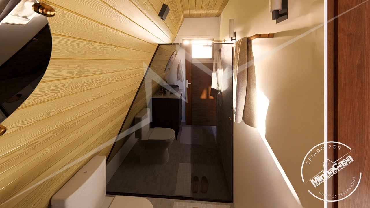 Pousada POP 2.3 de 77,44m² — Banheiro em outro ângulo de dia Pousada POP 2.3 de 77,44m² pré-fabricada em madeira pinus autoclave — banheiro em outro ângulo de dia