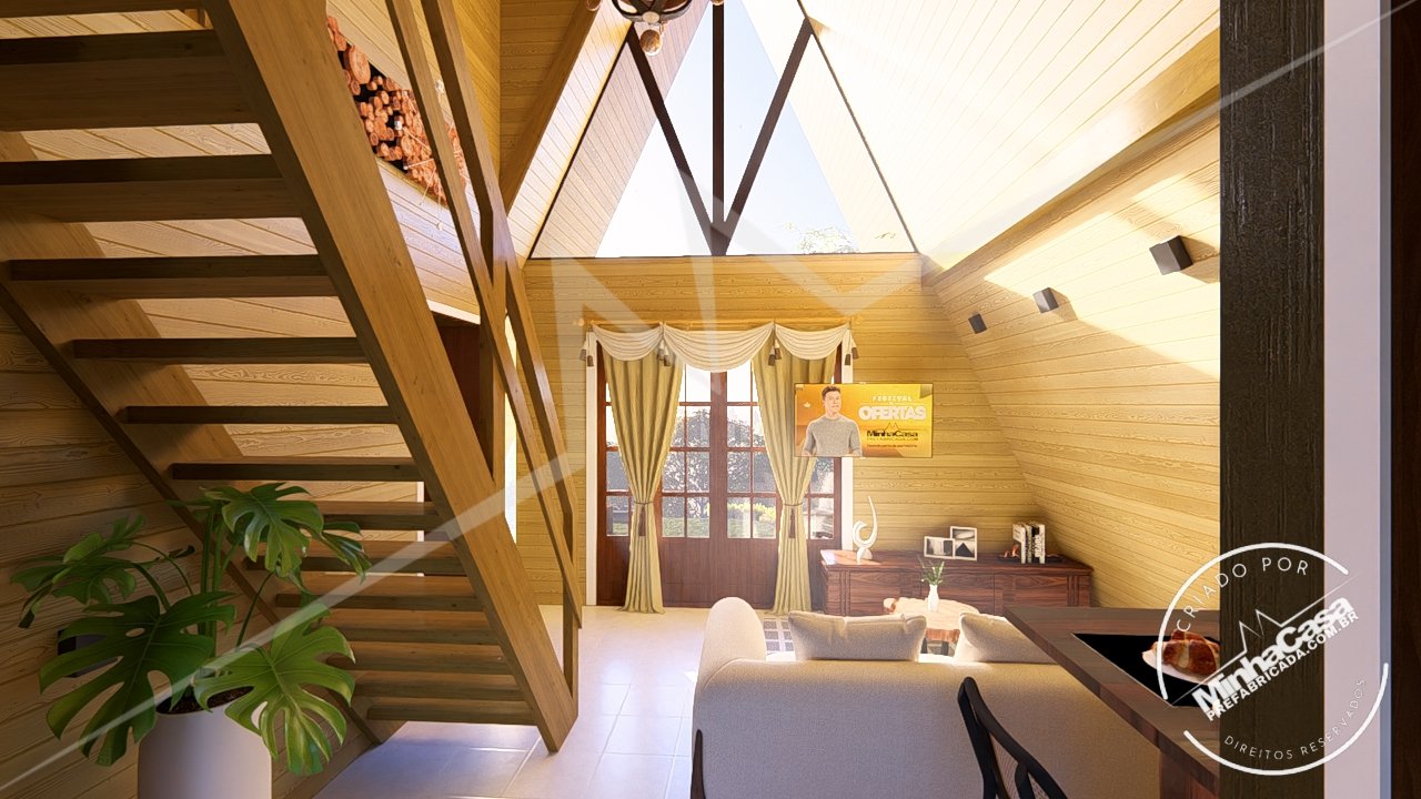 Pousada POP 2.3 de 77,44m² — Interior com sala, porta e escada do mezanino Pousada POP 2.3 de 77,44m² pré-fabricada em madeira pinus autoclave — interior com sala, porta e escada do mezanino