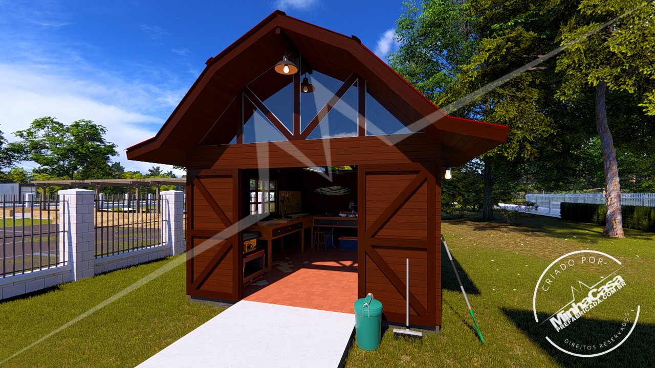 Galpão Celeiro pré-fabricado de madeira — fachada Fachada principal do Galpão Celeiro em madeira pinus autoclave