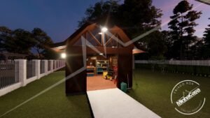 Fachada do Galpão Celeiro iluminada à noite