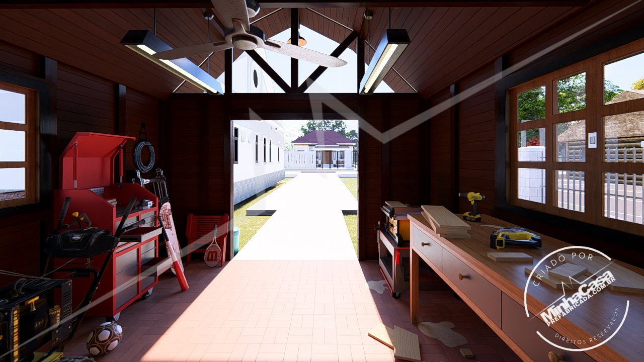 Interior voltado para a porta — Galpão Celeiro Galpão Celeiro visto por dentro, com foco na porta principal