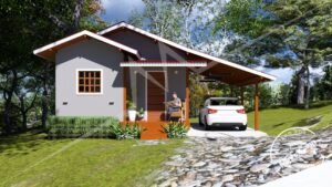 PC 1.0 de 48,10m² pré-fabricado em madeira pinus autoclave — fachada principal de dia