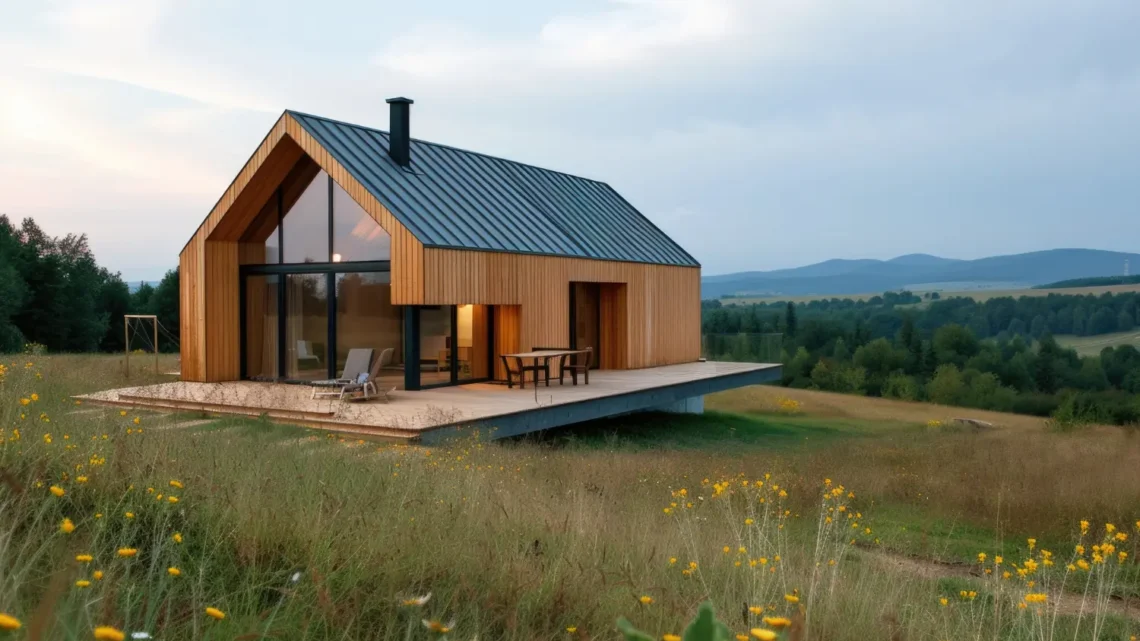 Casa de madeira minimalista no campo