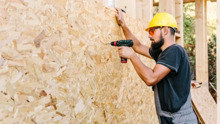 Um profissional montando uma casa pré-fabricada de madeira