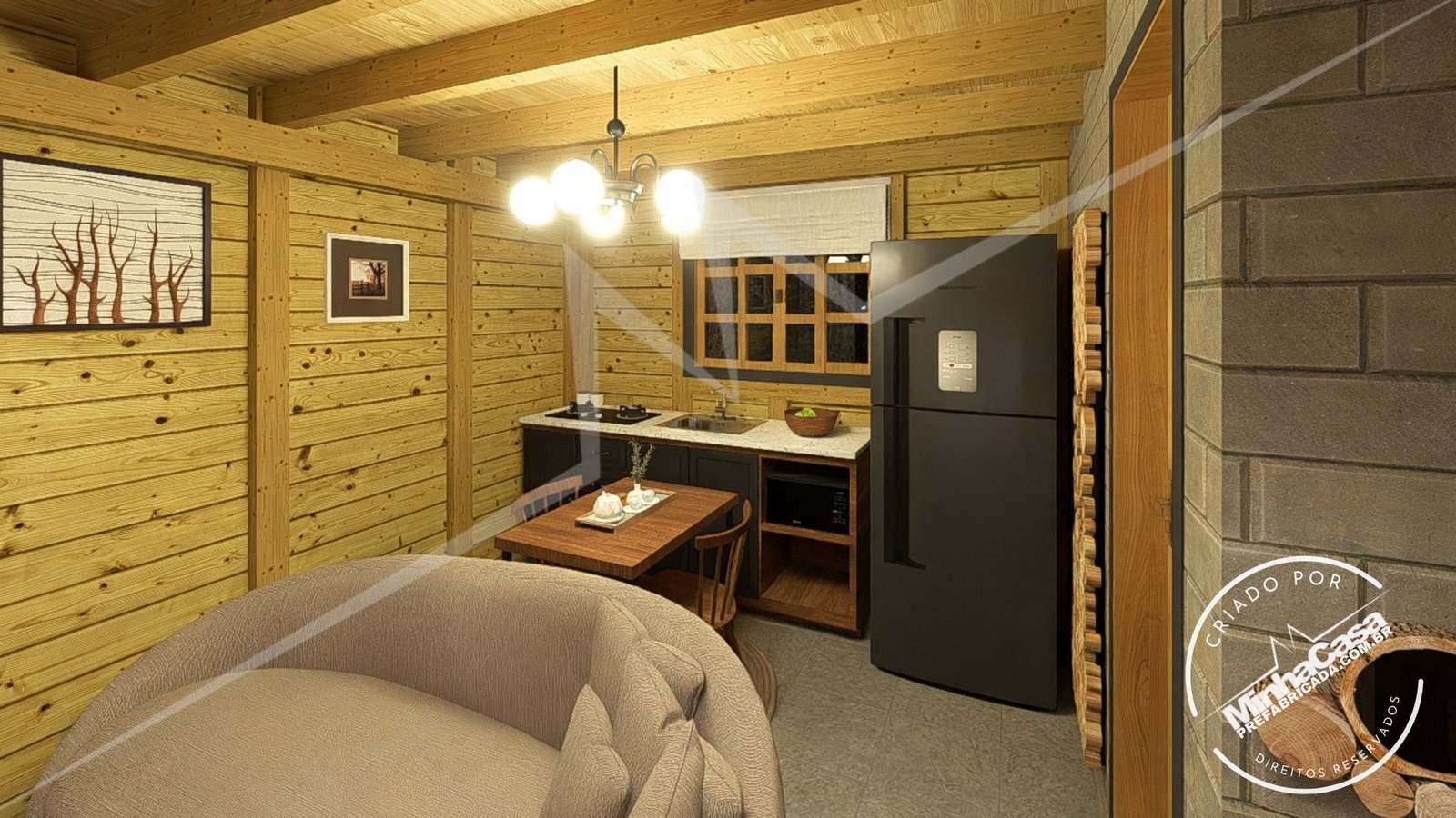 Chalé Escandinavo 1.2 — Cozinha à noite Chalé Escandinavo 1.2 pré-fabricado em madeira pinus autoclave — cozinha à noite