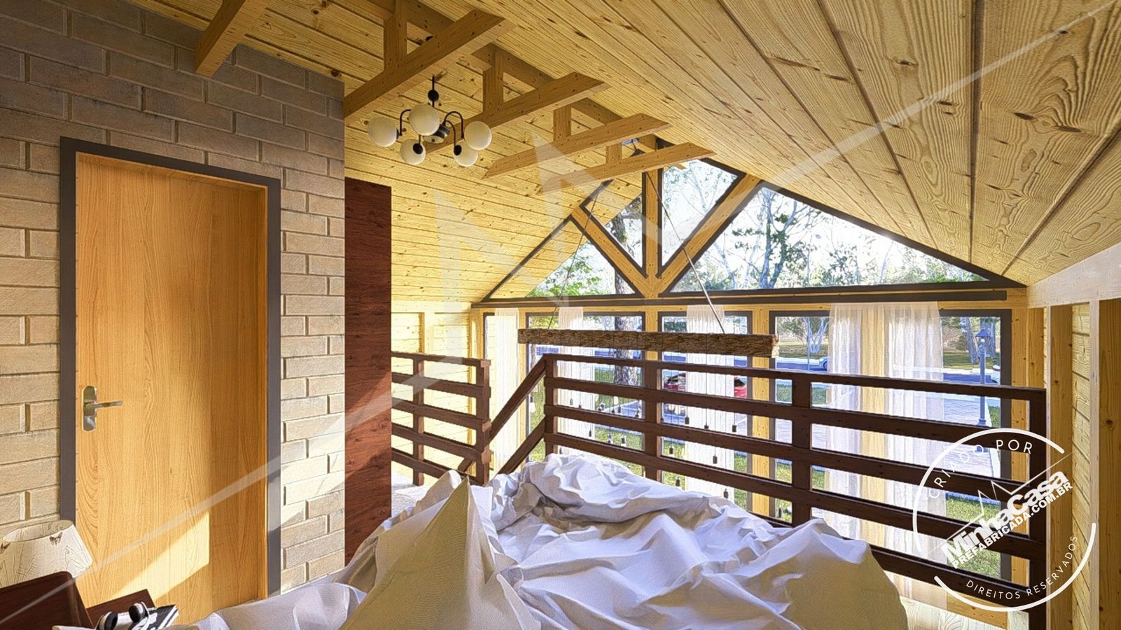 Chalé Escandinavo 1.2 — Quarto no mezanino Chalé Escandinavo 1.2 pré-fabricado em madeira pinus autoclave — quarto no mezanino