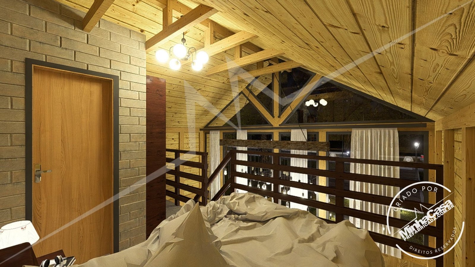 Chalé Escandinavo 1.2 — Quarto no mezanino à noite Chalé Escandinavo 1.2 pré-fabricado em madeira pinus autoclave — quarto no mezanino à noite