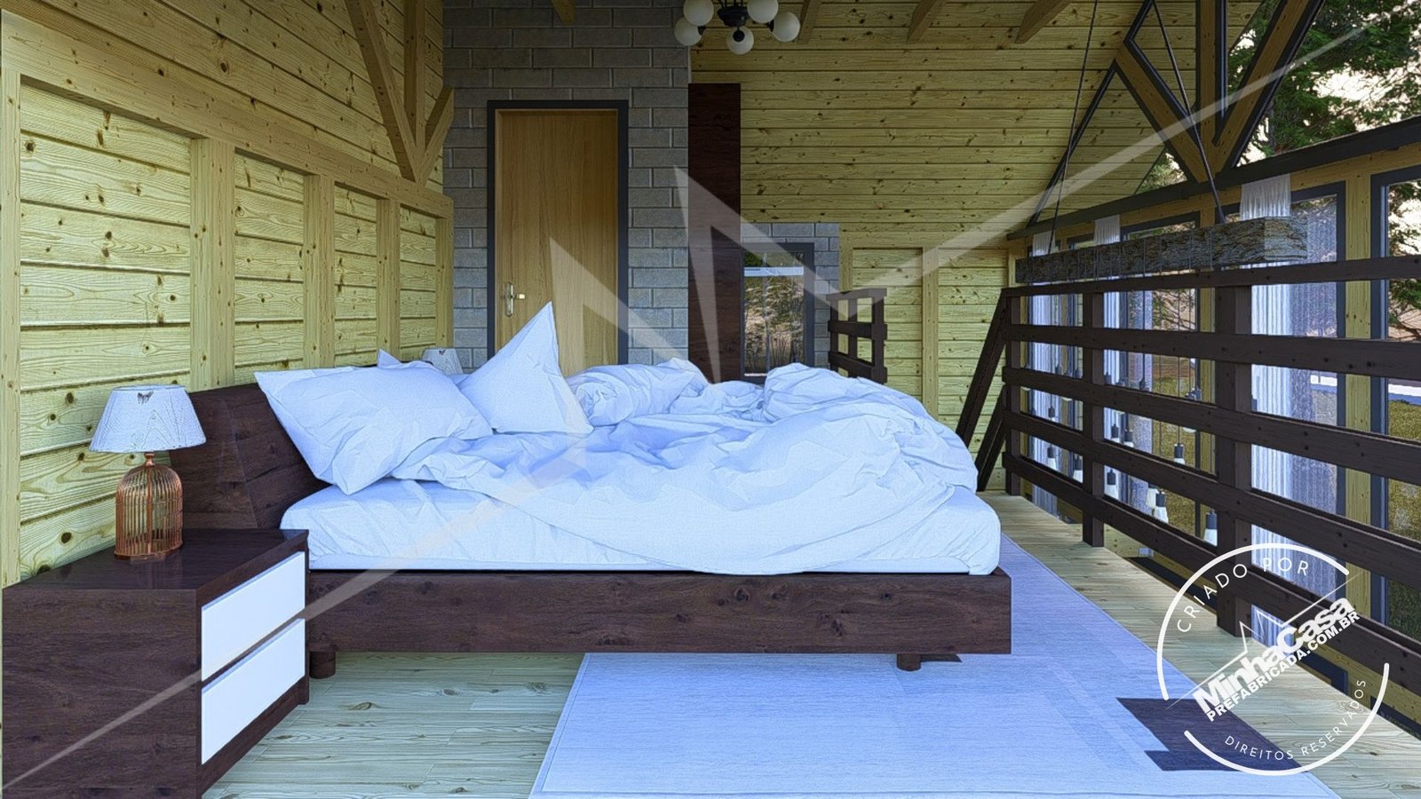 Chalé Escandinavo 1.2 — Quarto, visão da cama com porta do banheiro ao fundo, de manhã Chalé Escandinavo 1.2 pré-fabricado em madeira pinus autoclave — quarto, visão da cama com porta do banheiro ao fundo, de manhã