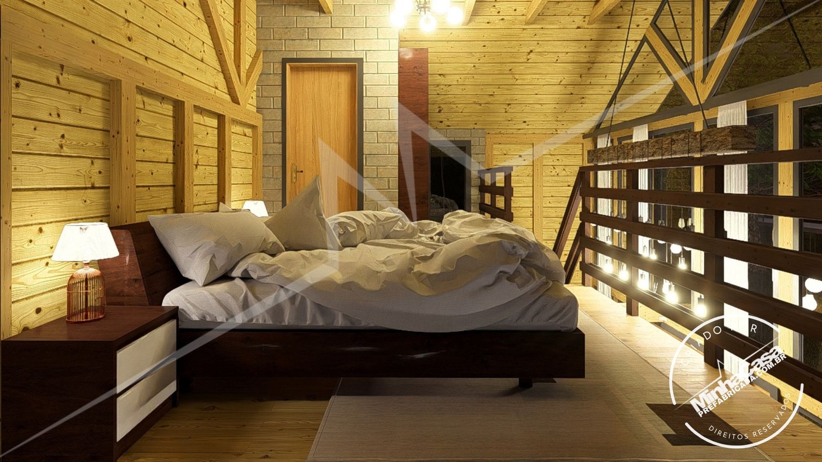 Chalé Escandinavo 1.2 — Quarto, visão similar à noite Chalé Escandinavo 1.2 pré-fabricado em madeira pinus autoclave — quarto, visão similar à noite