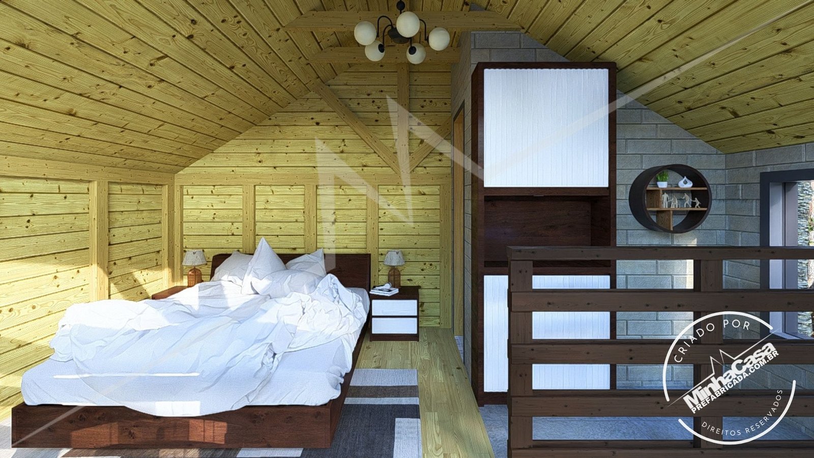 Chalé Escandinavo 1.2 — Quarto em outro ângulo, parede lateral Chalé Escandinavo 1.2 pré-fabricado em madeira pinus autoclave — quarto em outro ângulo, parede lateral