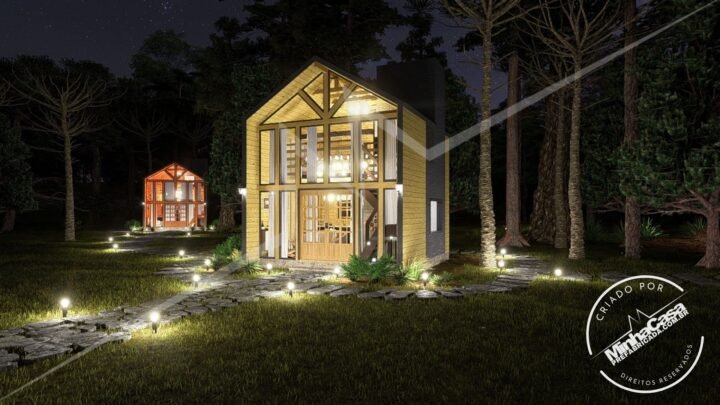 Chalé Escandinavo 1.2 pré-fabricado em madeira pinus autoclave — fachada principal à noite, mesmo ângulo