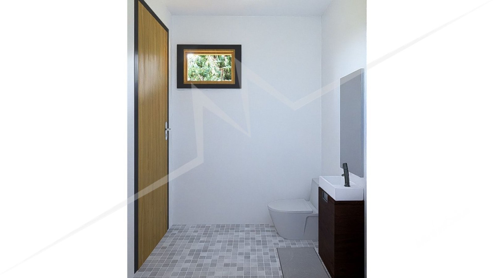 Chalé Escandinavo 1.2 — Banheiro — detalhe inicial Chalé Escandinavo 1.2 pré-fabricado em madeira pinus autoclave — banheiro — detalhe inicial