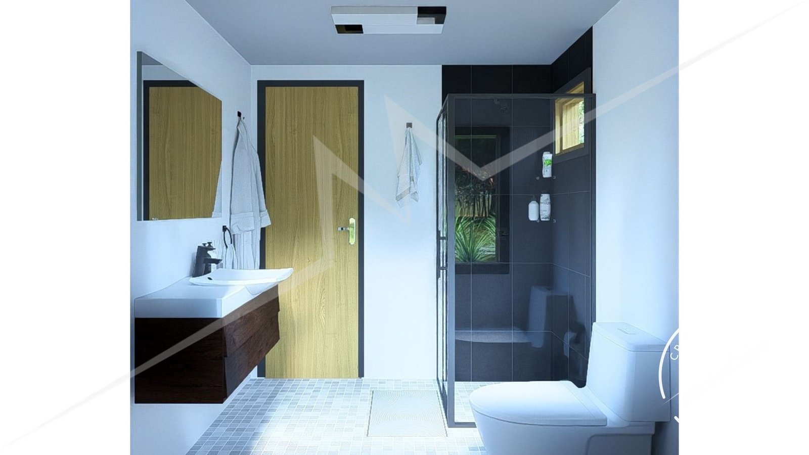 Chalé Escandinavo 1.2 — Banheiro em visão ampla Chalé Escandinavo 1.2 pré-fabricado em madeira pinus autoclave — banheiro em visão ampla