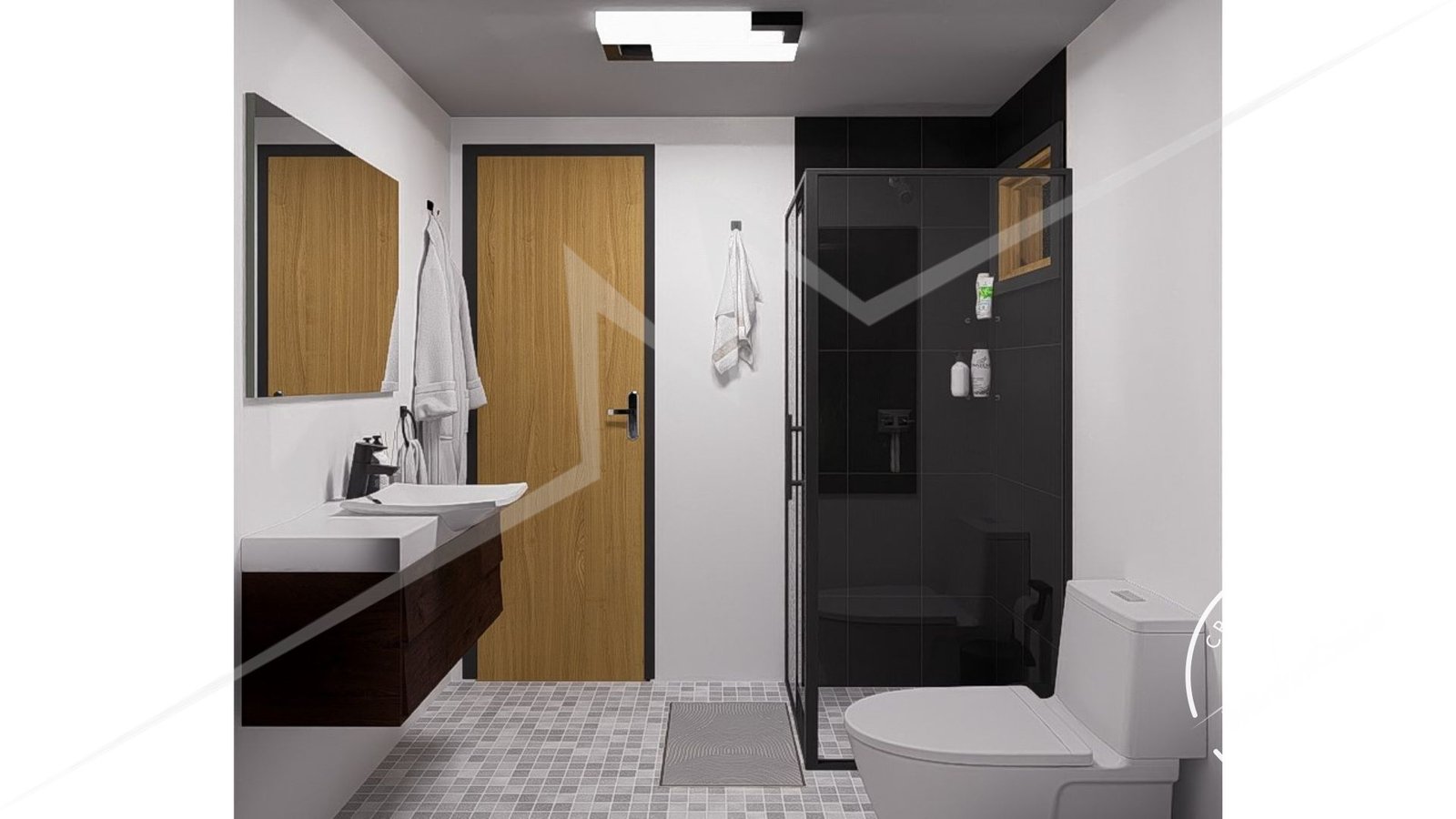 Chalé Escandinavo 1.2 — Banheiro em visão ampla à noite Chalé Escandinavo 1.2 pré-fabricado em madeira pinus autoclave — banheiro em visão ampla à noite