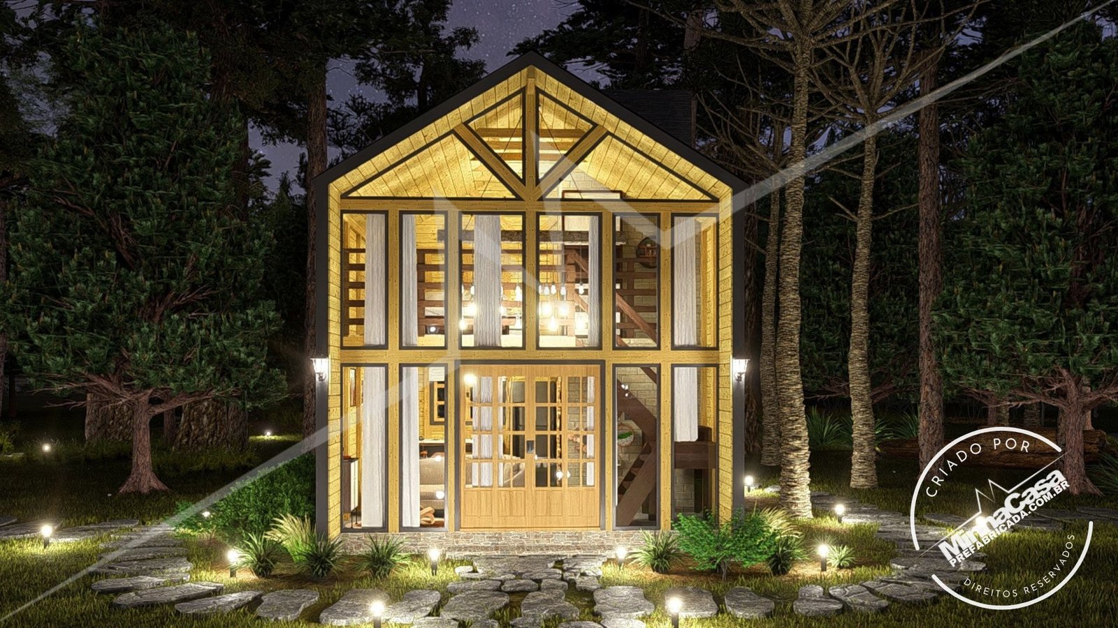 Chalé Escandinavo 1.2 — Fachada principal central à noite, ângulo diferente Chalé Escandinavo 1.2 pré-fabricado em madeira pinus autoclave — fachada principal central à noite, ângulo diferente
