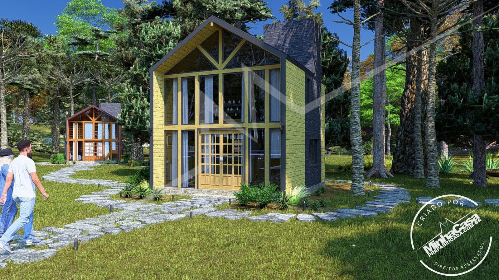 Chalé Escandinavo 1.2 — Fachada principal com paisagismo, visão distante Chalé Escandinavo 1.2 pré-fabricado em madeira pinus autoclave — fachada principal com paisagismo, visão distante