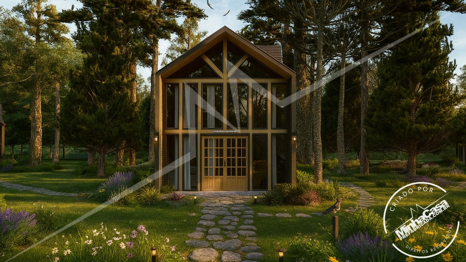 Chalé Escandinavo 1.2 — Fachada principal com paisagismo ultrarrealista, visão média Chalé Escandinavo 1.2 pré-fabricado em madeira pinus autoclave — fachada principal com paisagismo ultrarrealista, visão média